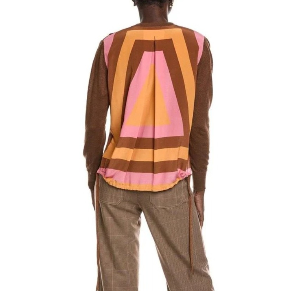 Akris Mixed Media Sweater Top Brown Linen Cashmere Silk Geometric Back Pleat 8